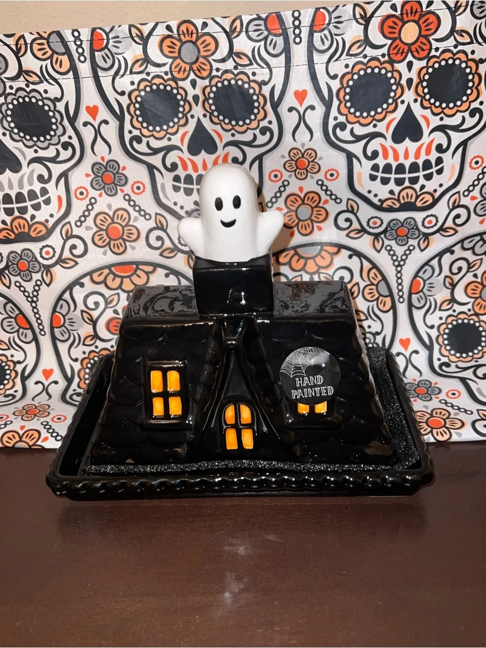 Black Halloween Haunted House Ghost Butter Dish
